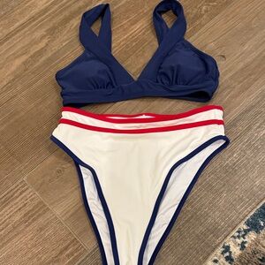 Navy & White High-Waist Two-Piece Swim Set with Red Trim